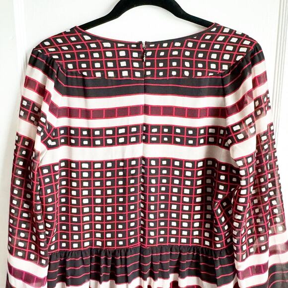 LOFT Round Neck Sheer Long Sleeve Tie Neck Knee Length Geometric Dress Medium - Picture 12 of 13